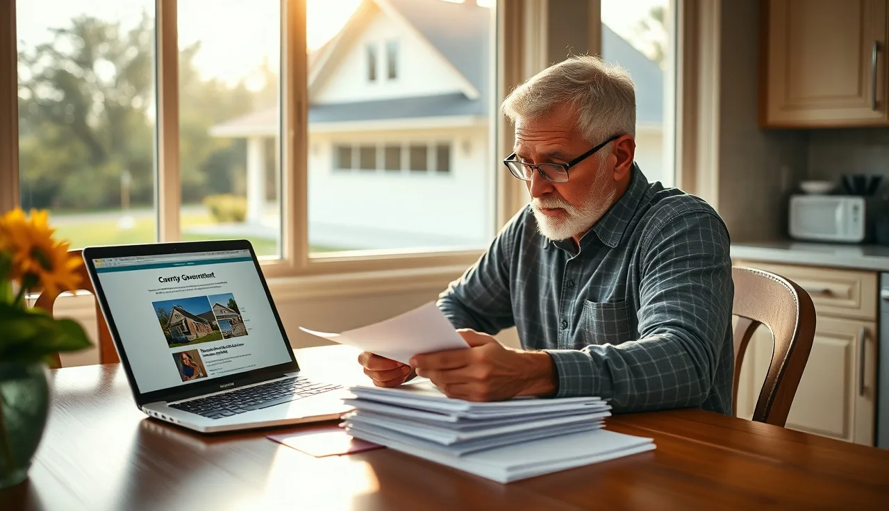 Homeowner reviewing homestead exemption documents at kitchen table after refinancing