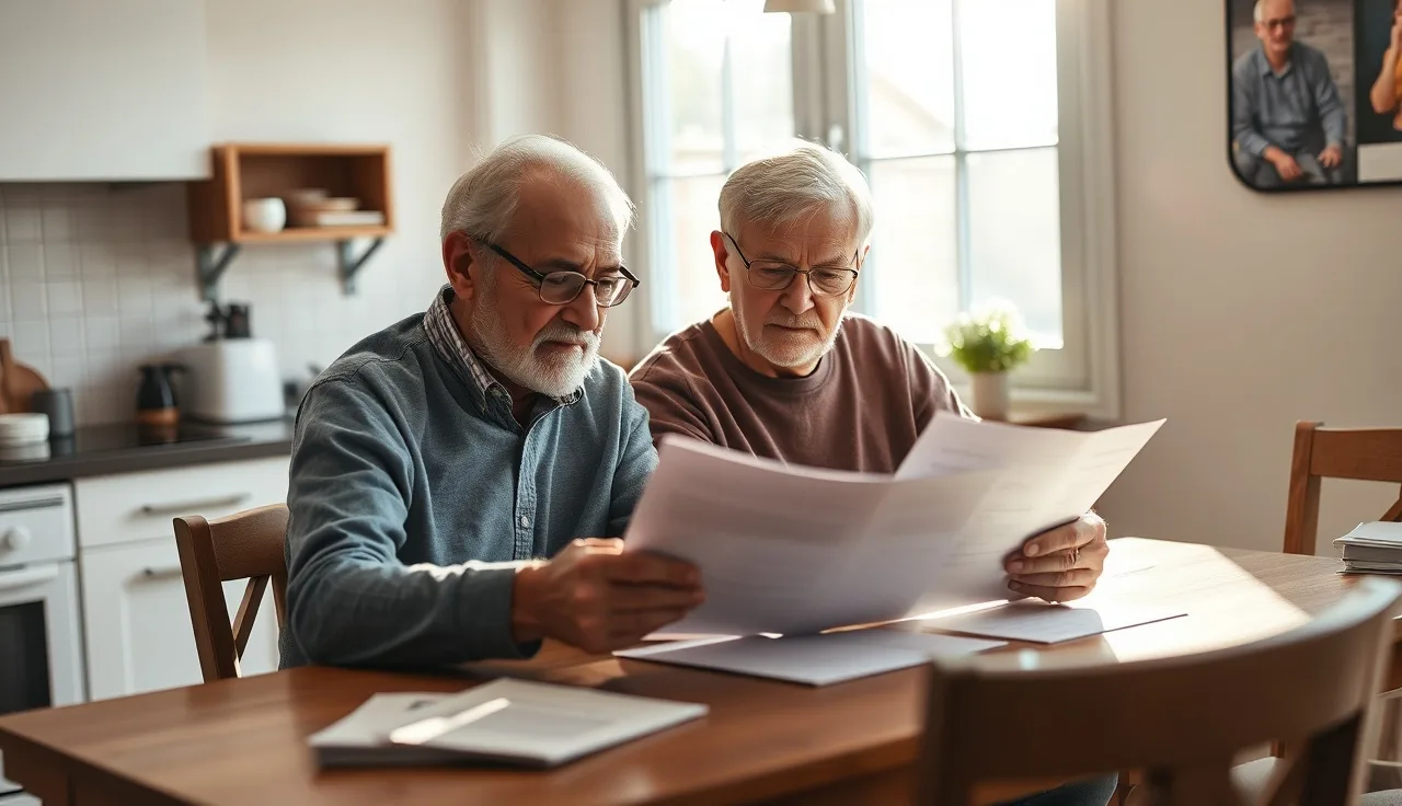 Older homeowners reviewing property tax freeze documents at a kitchen table