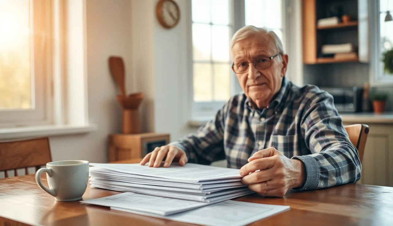 Older homeowner reviewing property tax hardship exemption documents at kitchen table