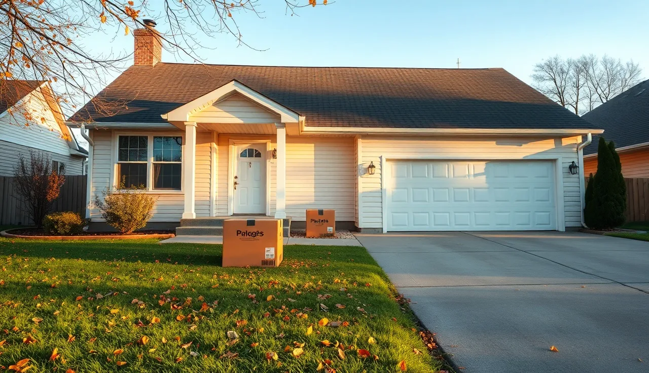 Suburban house with moving boxes on porch after a divorce property split