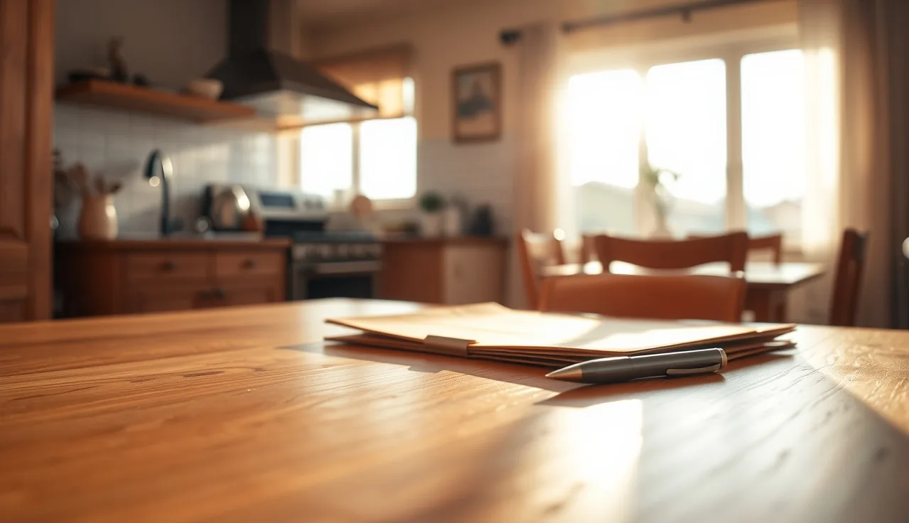 House key and folder on a kitchen table representing home ownership paperwork