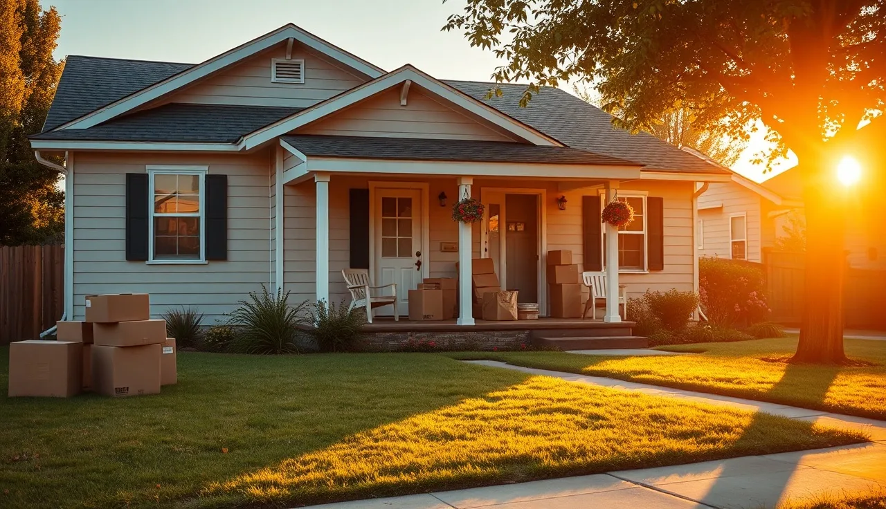 New homeowners' moving boxes on porch of house at golden hour