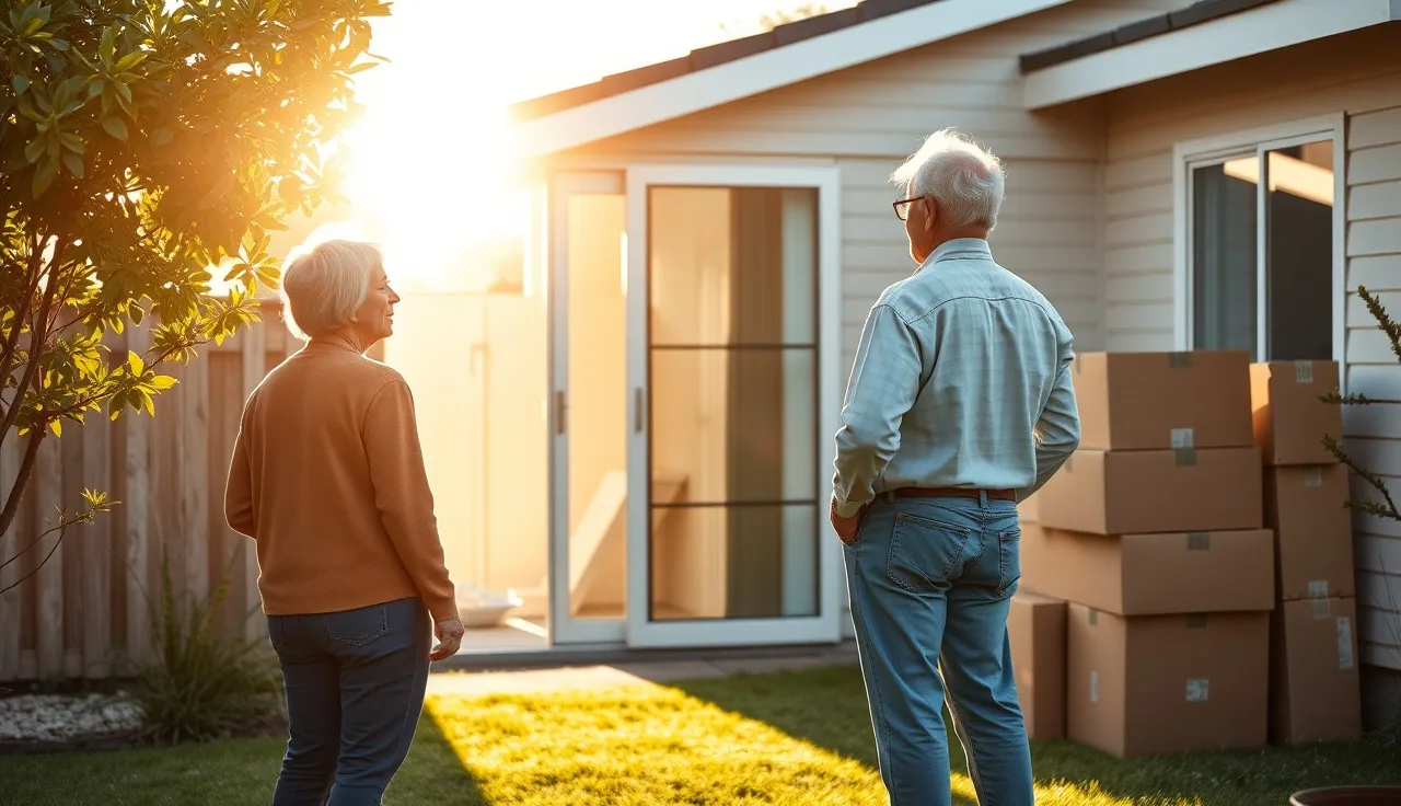 Older couple with moving boxes in California home backyard during property tax base transfer