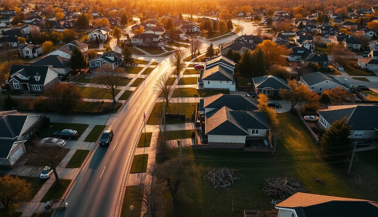 Aerial view of storm-damaged suburban homes with debris on streets after hurricane