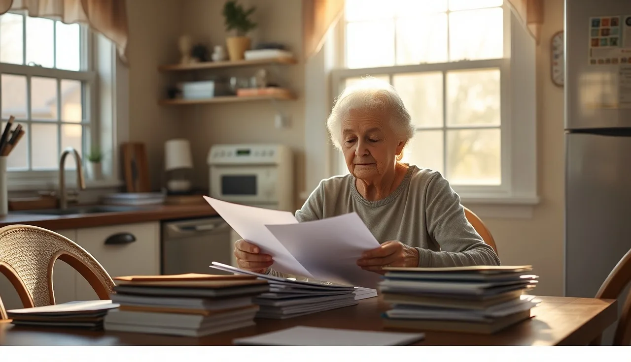 Older woman organizing property tax documents at a sunny kitchen table