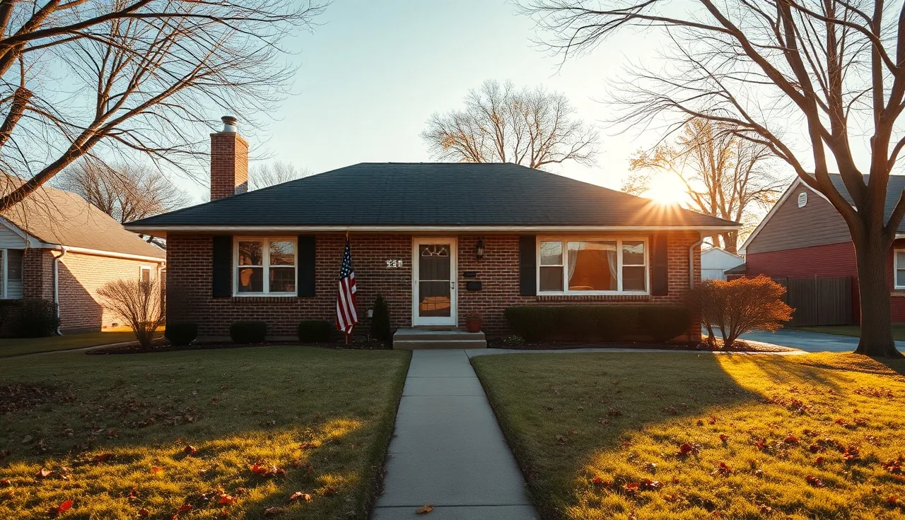 Brick suburban home with American flag displayed near front door on autumn morning