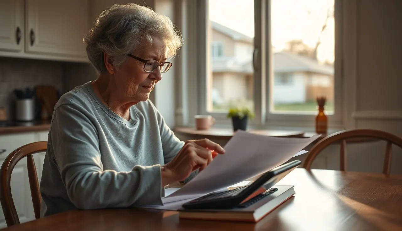 Older woman reviewing property tax documents at a kitchen table in afternoon light