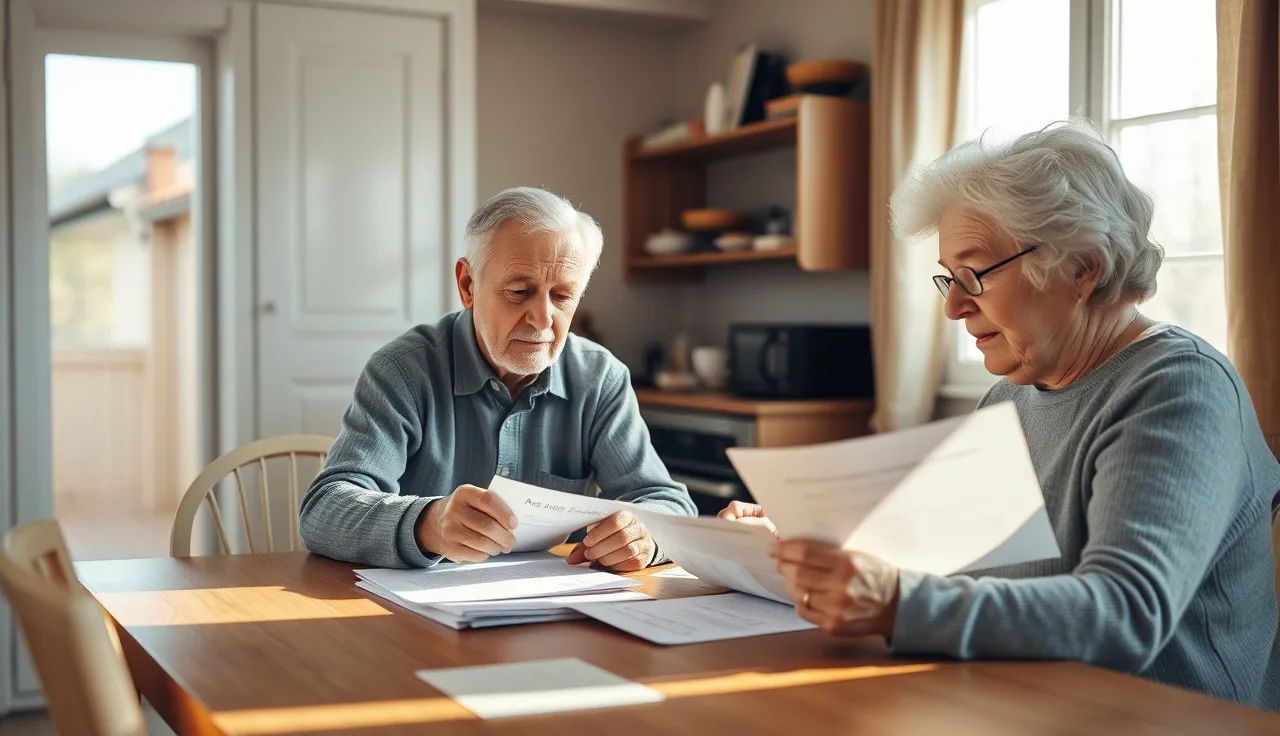 Elderly couple reviewing property tax exemption documents at a kitchen table
