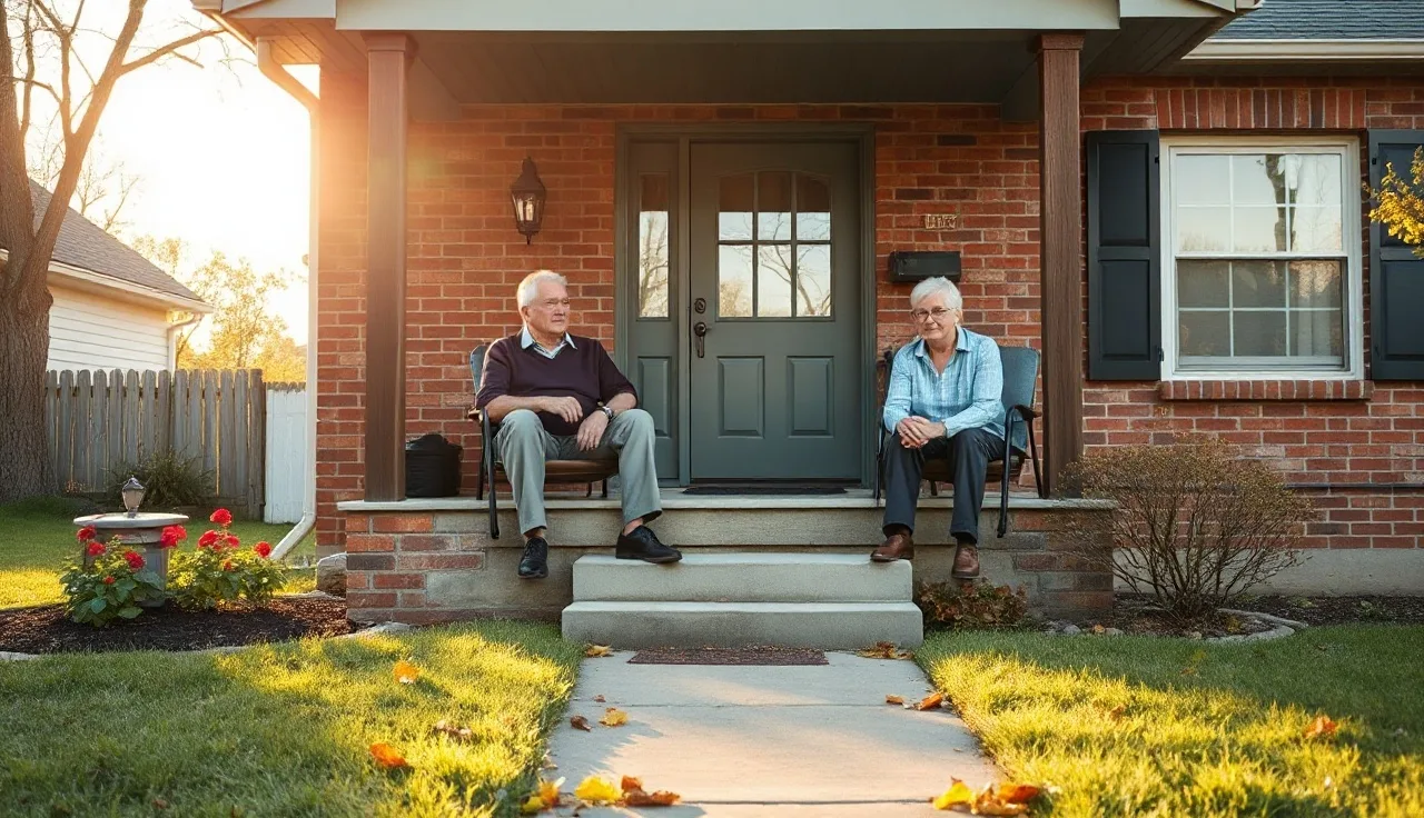 Elderly homeowners on porch of Kentucky brick ranch home in autumn light