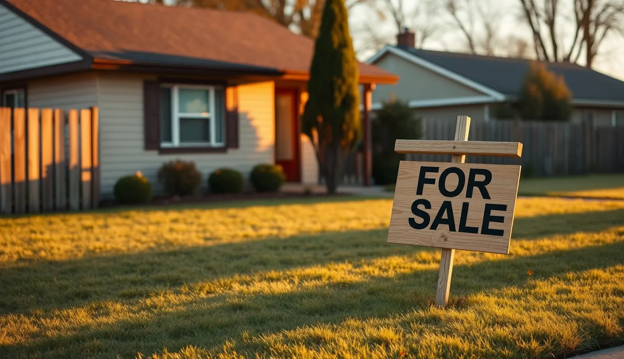 Suburban home exterior at golden hour with removed yard sign, property ownership concept