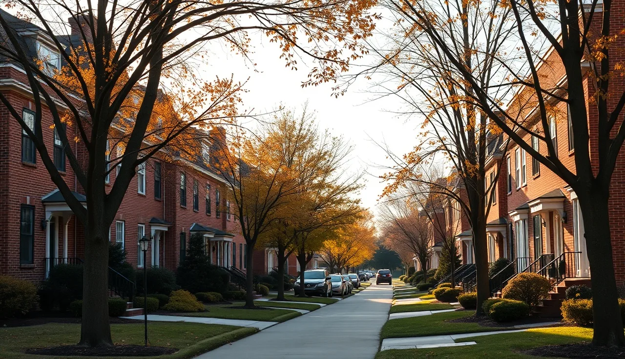 Brick suburban Maryland townhouses on a tree-lined street in early autumn light