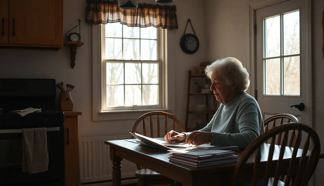 Elderly woman reviewing property tax papers at a sunlit kitchen table in Massachusetts