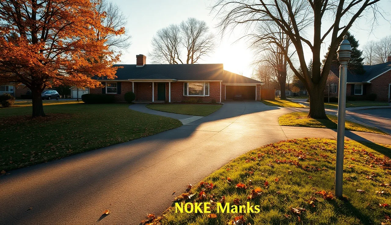 Brick ranch home on a Michigan residential street in autumn morning light