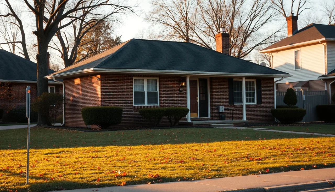 Brick house with autumn leaves on lawn in Minnesota residential neighborhood