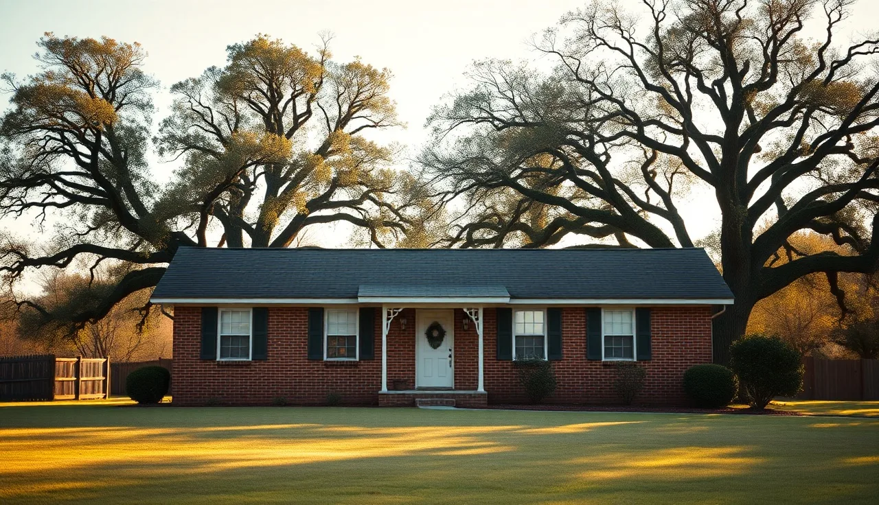 Brick ranch house in Mississippi with oak trees on a spring morning