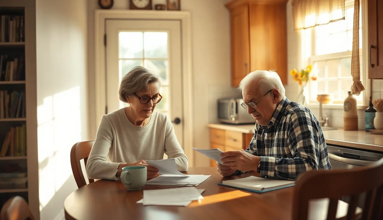 Older homeowners reviewing Missouri property tax documents at a kitchen table