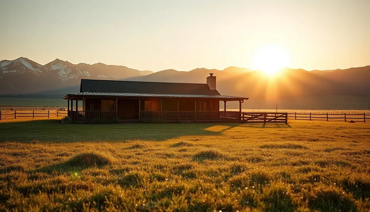 Single-story Montana ranch home at sunrise with mountain backdrop and dewy lawn