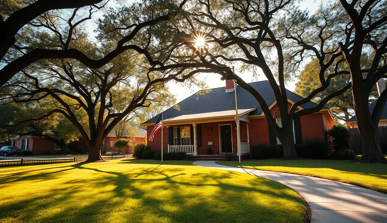Suburban brick home with porch flag in a Montgomery County Texas neighborhood