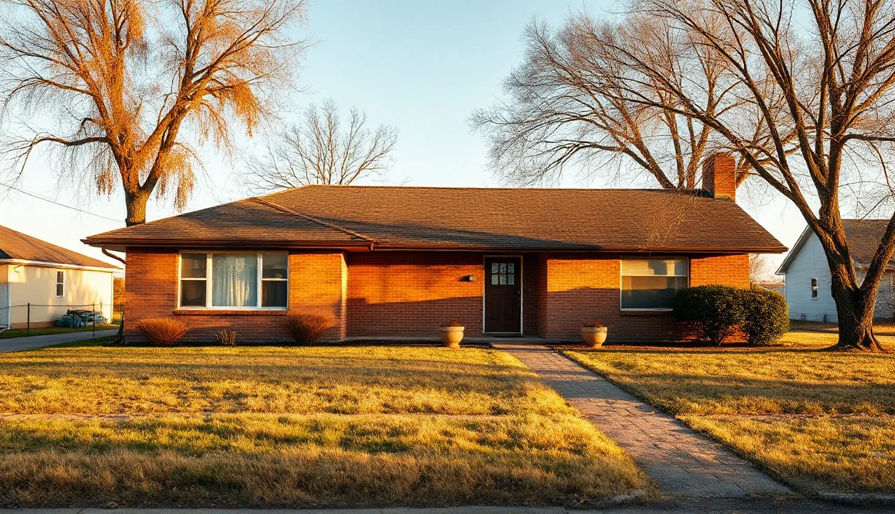 Modest brick ranch house in rural Nebraska during autumn morning light