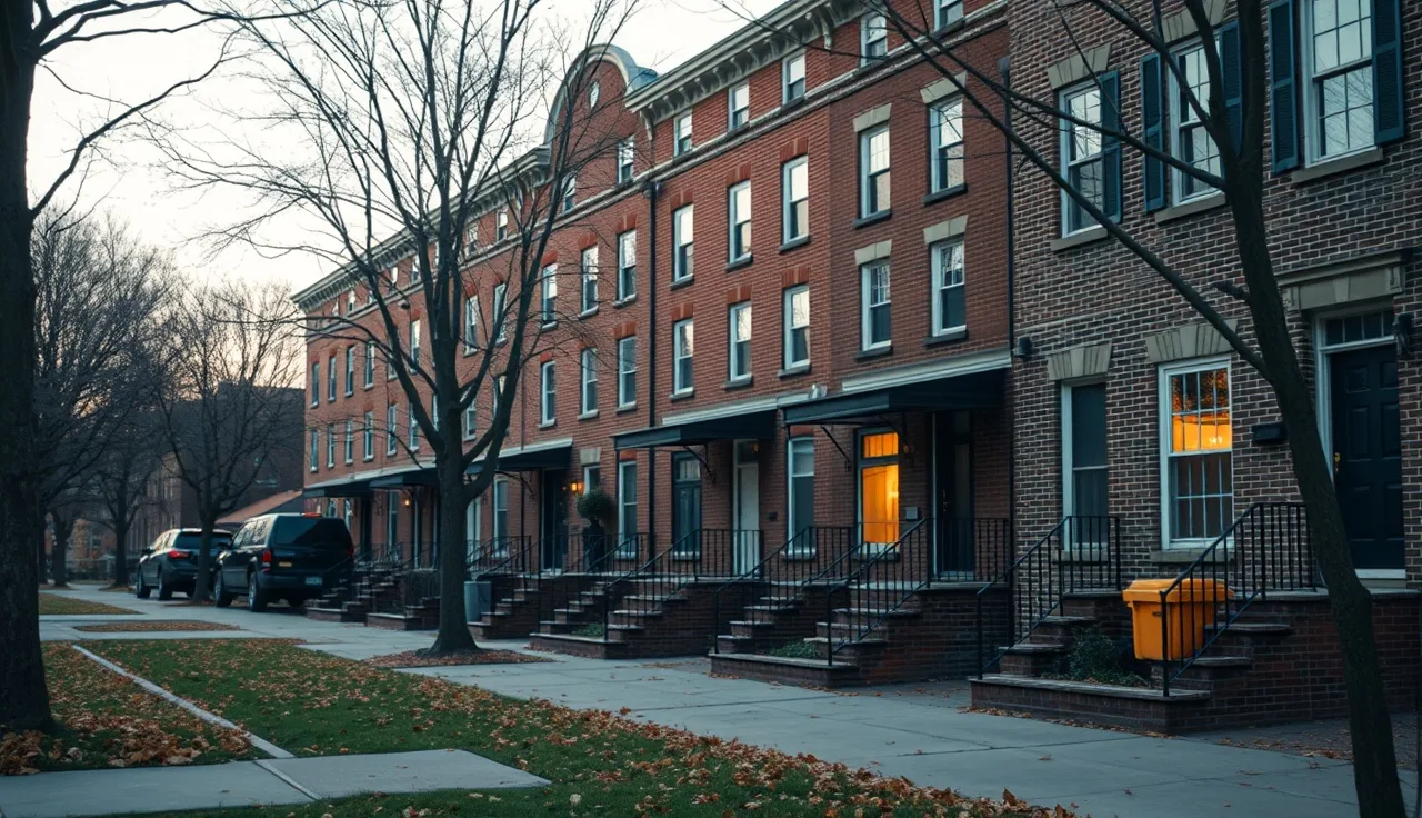 Row of brick townhouses on a tree-lined urban street in autumn afternoon light