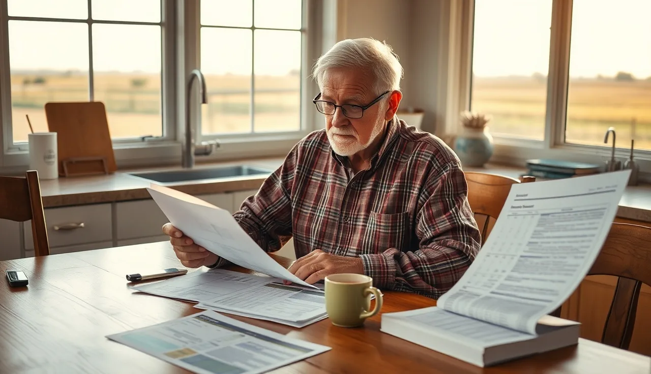 Homeowner reviewing property tax records at kitchen table with Oklahoma plains in background