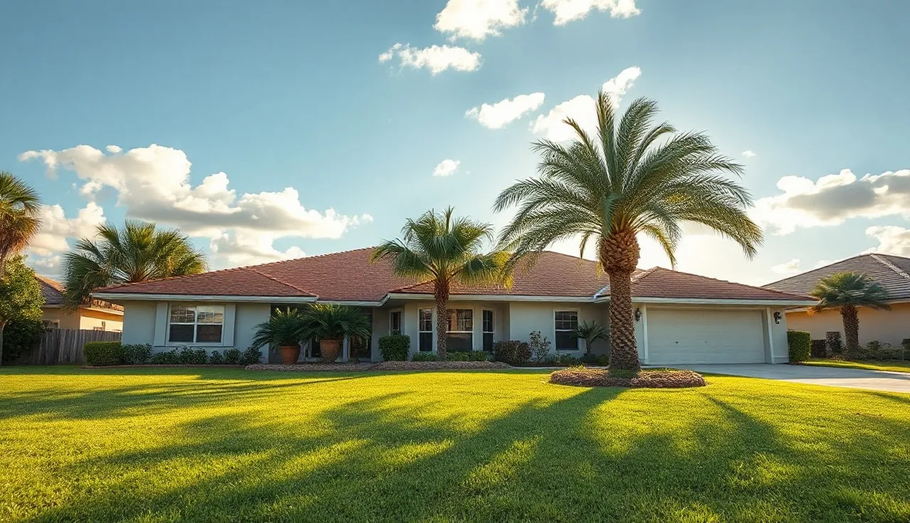 Single-story Florida ranch home with palm trees in Pasco County neighborhood