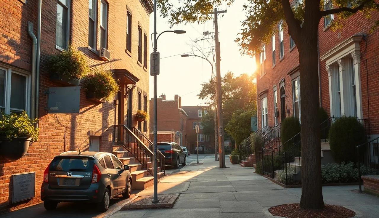 Philadelphia rowhouse brick facade on residential street in morning light