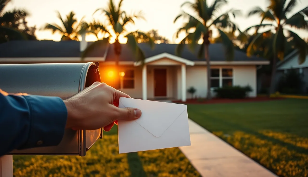 Hand placing a property tax form envelope into a mailbox outside a Florida home