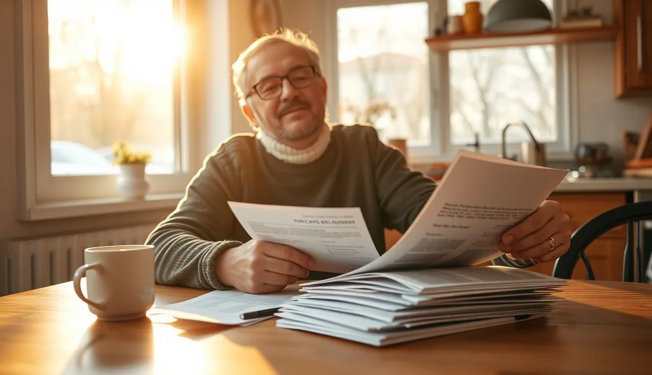 Homeowner reviewing property tax exemption paperwork at a kitchen table
