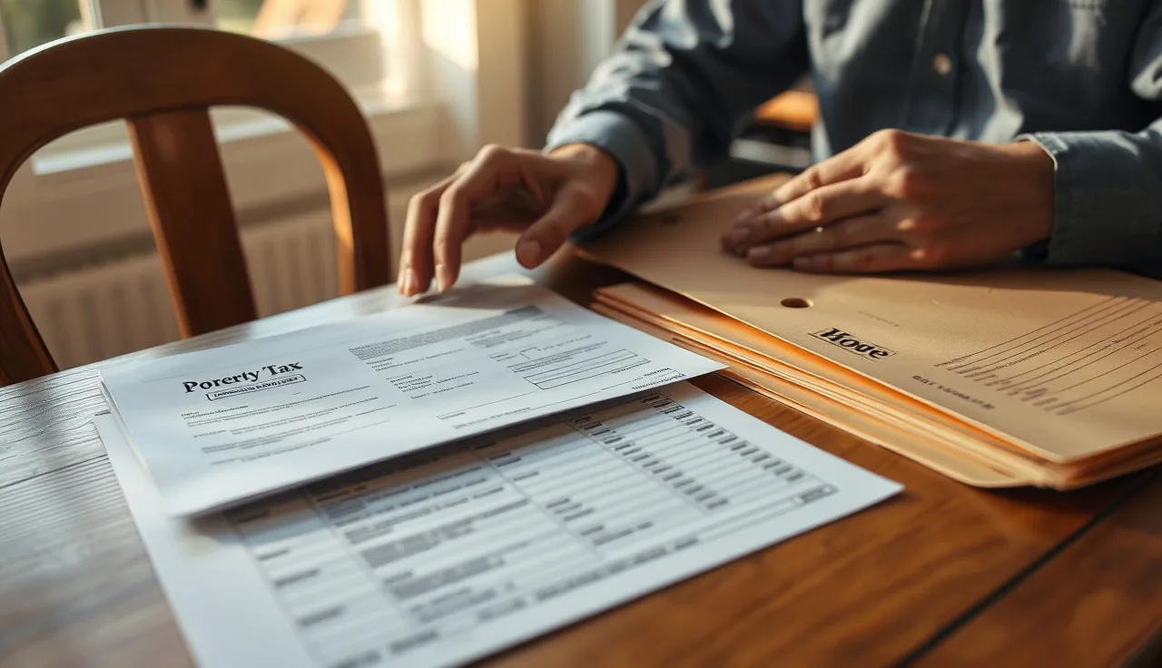 Executor reviewing property tax documents on a wooden table during estate probate