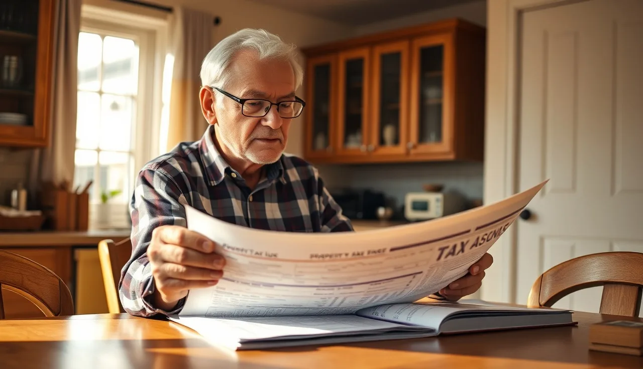 Senior homeowner reviewing property tax documents at kitchen table in morning light