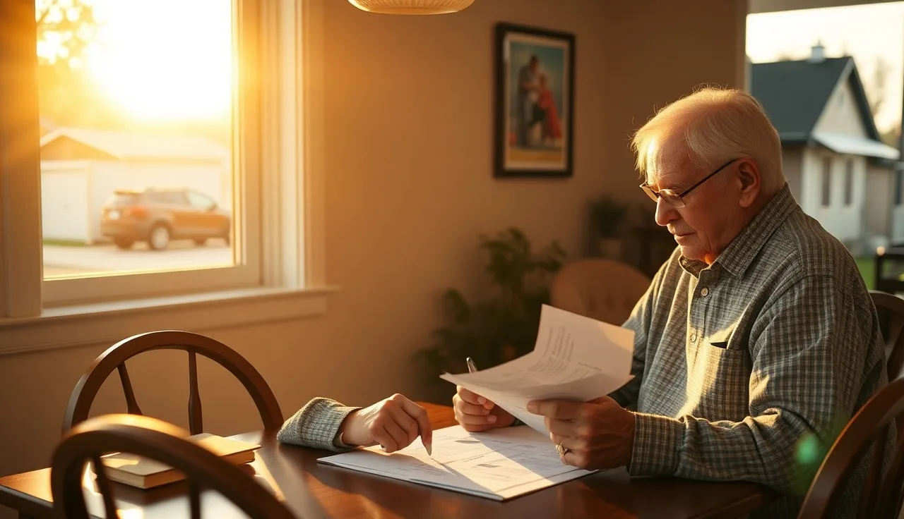 Senior homeowner reviewing property tax documents at kitchen table with house visible outside