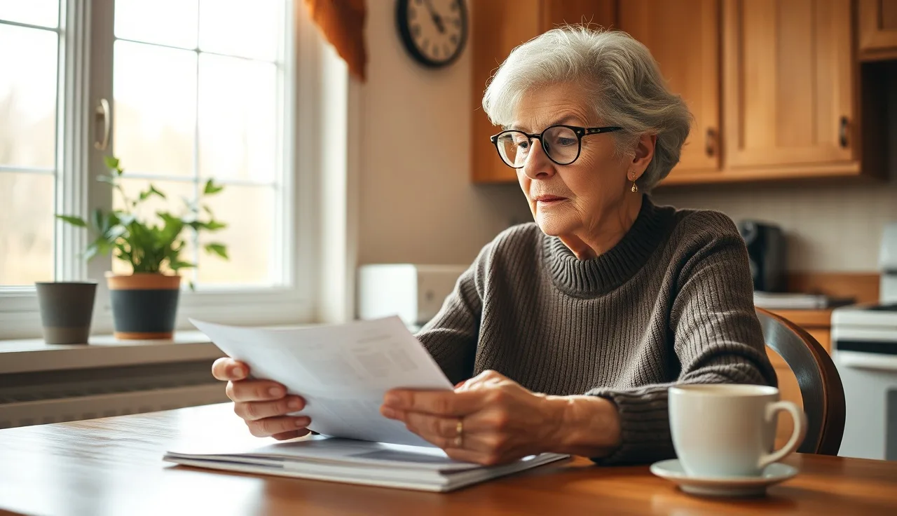 Senior woman reviewing property tax documents at home in Iowa