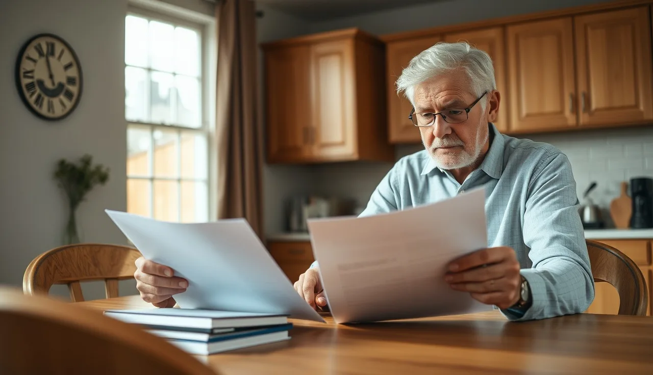 Older couple reviewing property tax documents at home kitchen table