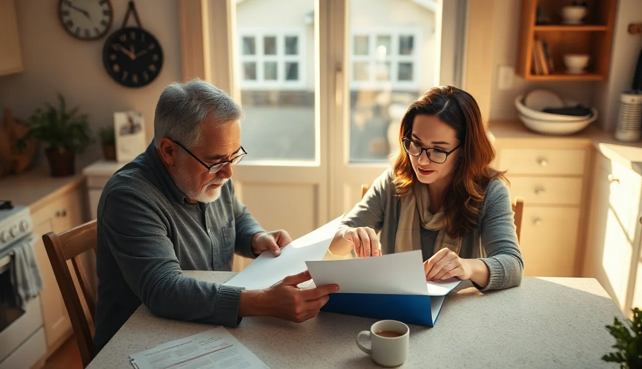 Couple reviewing property documents at kitchen table while adding spouse to deed