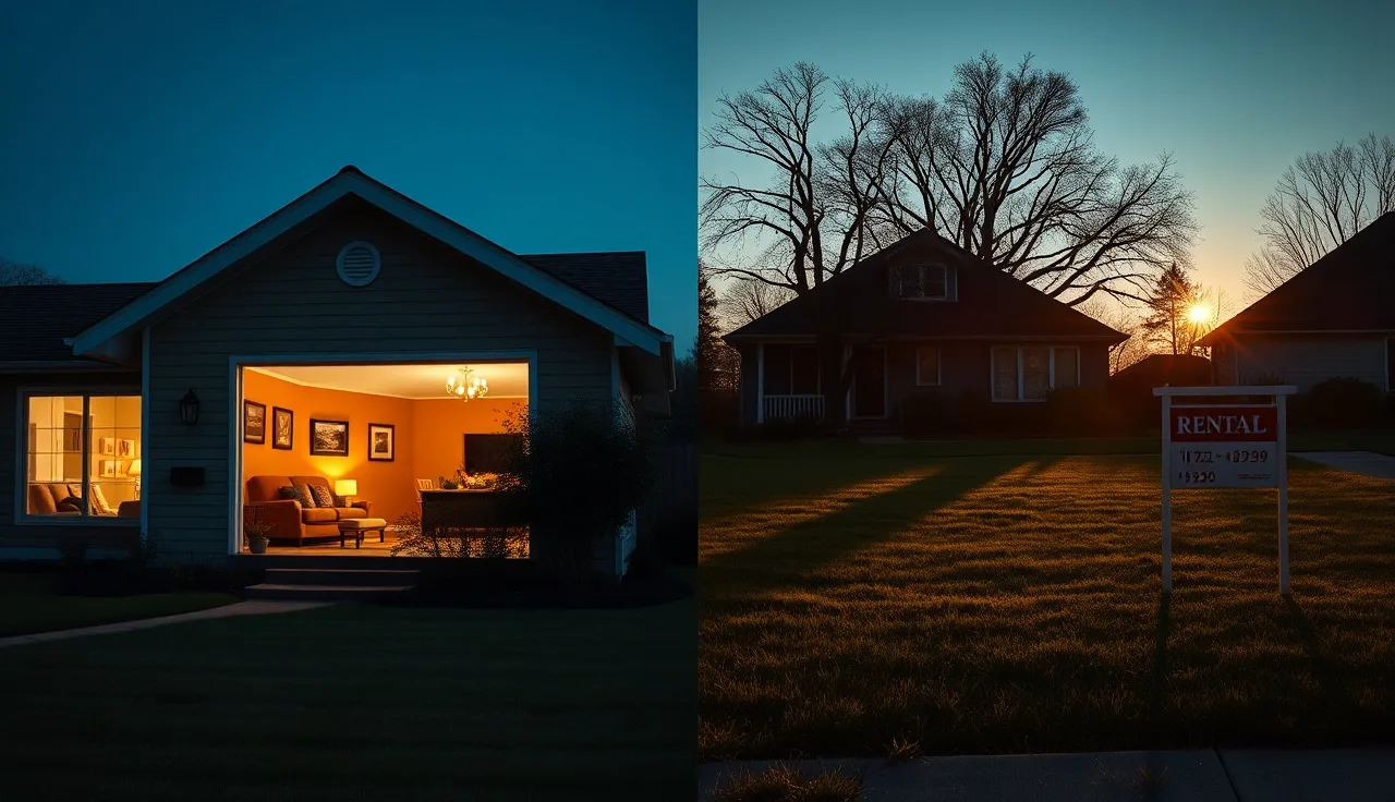 Suburban house at dusk showing transition from owner-occupied home to rental property