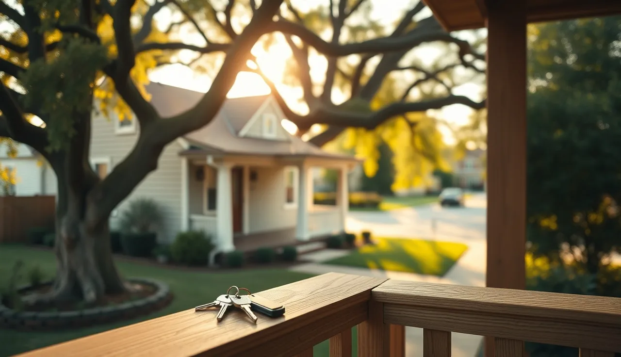 House keys resting on porch railing of an inherited craftsman home in afternoon light