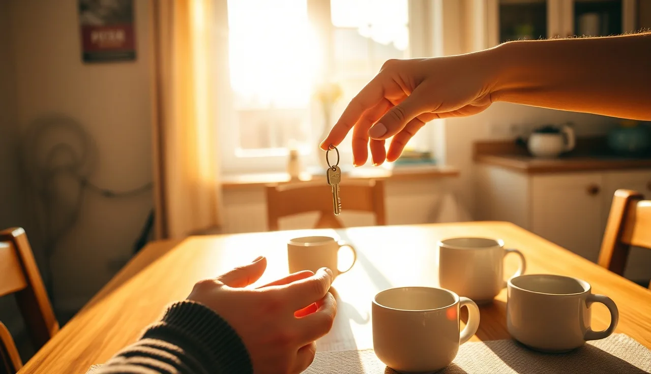 Two people exchanging a house key across a kitchen table, suggesting a spousal property transfer