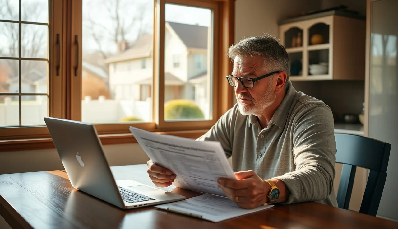 Homeowner reviewing homestead exemption paperwork at a kitchen table