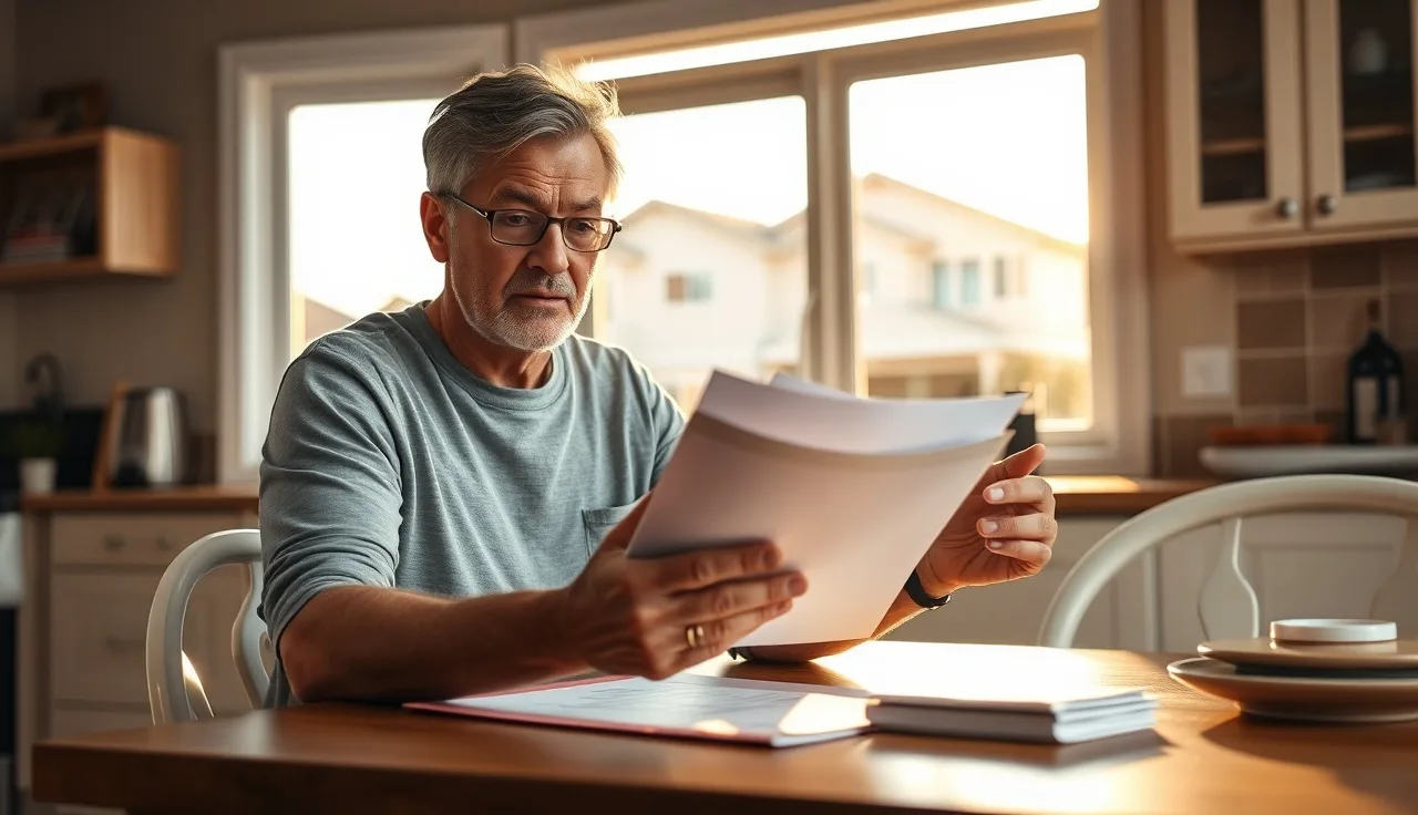 Homeowner reviewing retroactive property tax assessment documents at kitchen table
