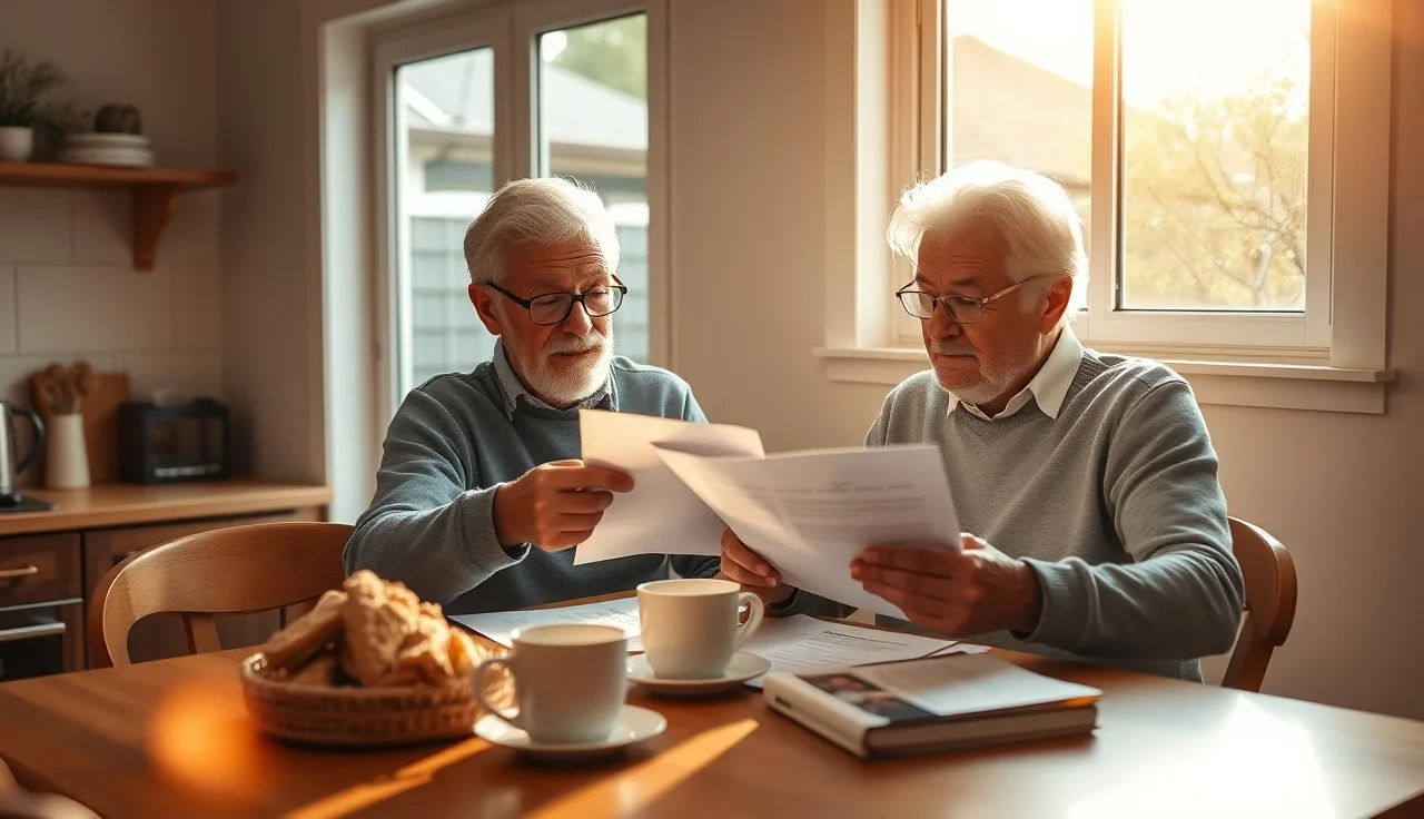 Senior couple reviewing property tax documents at home kitchen table