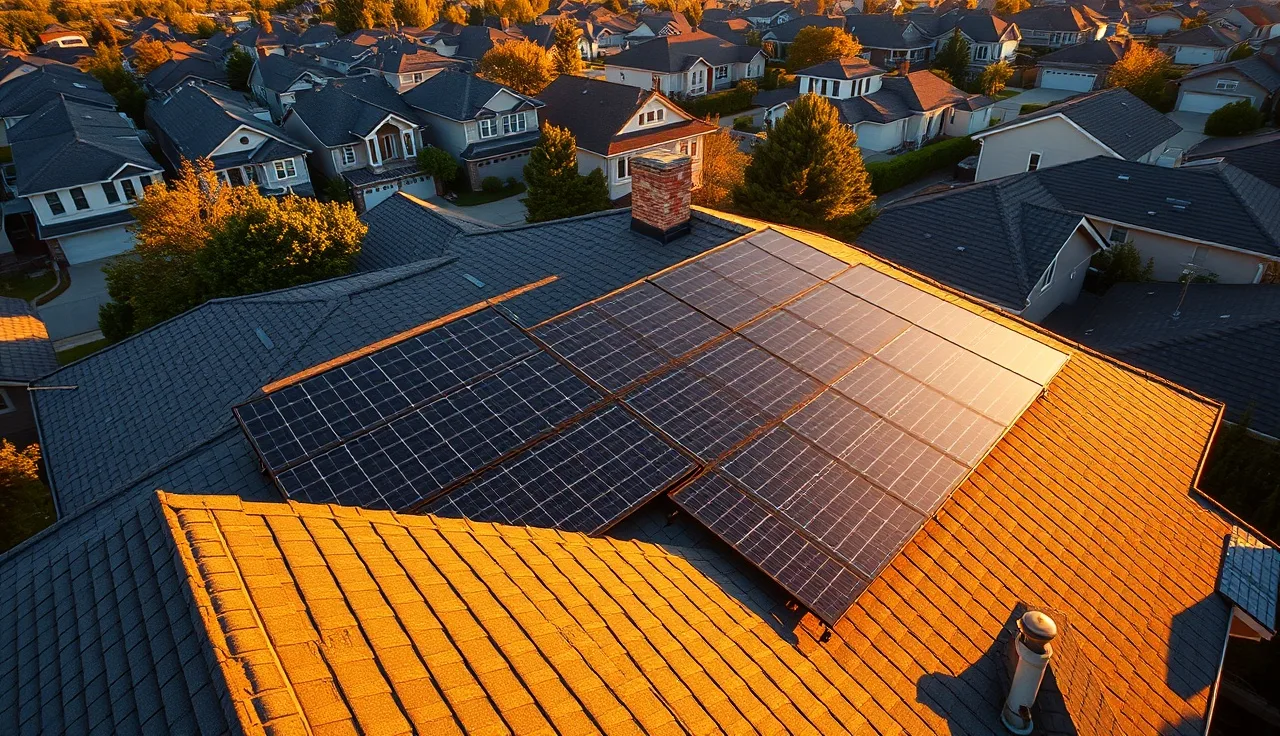 Solar panels on a residential rooftop in afternoon sunlight, property tax exemption topic