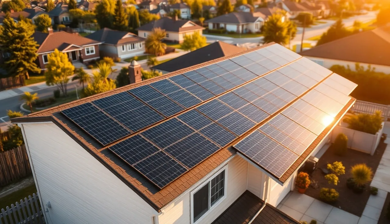 Solar panels covering the roof of a suburban home in afternoon sunlight