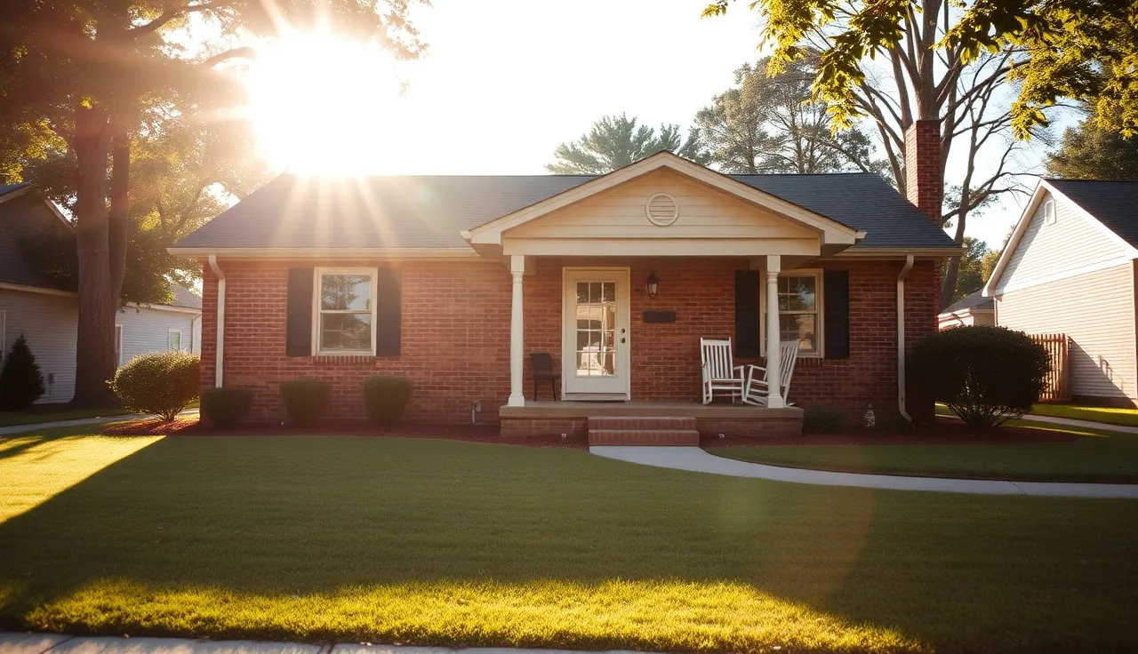 Sunlit brick ranch house on a quiet South Carolina residential street, front porch with rocking chairs