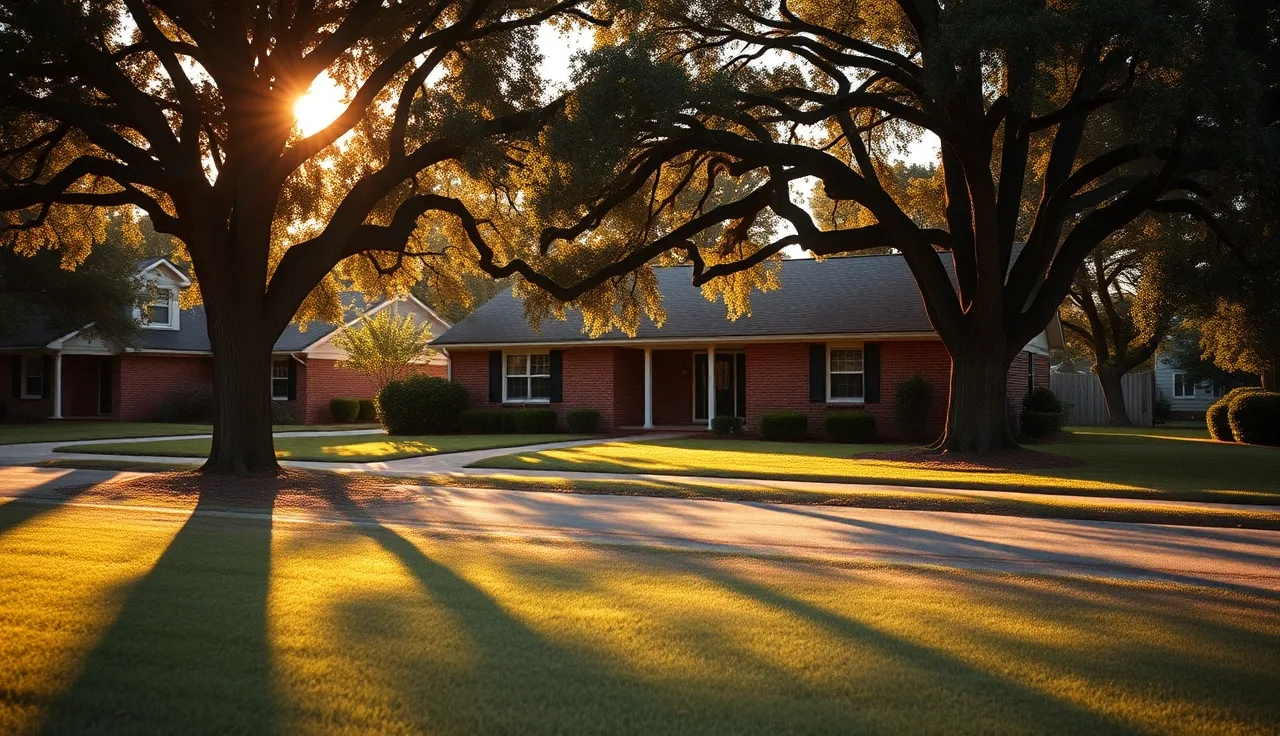 Brick ranch home in South Carolina neighborhood under golden afternoon light