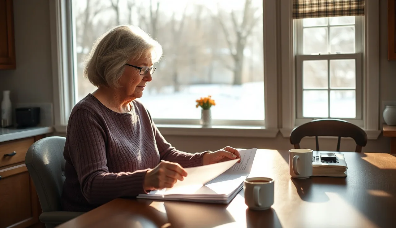 Older homeowner reviewing property tax documents at a kitchen table in New York