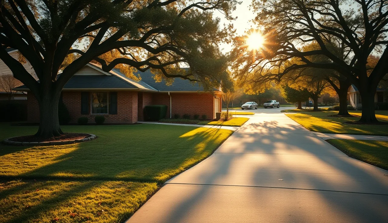 Brick ranch house in Tarrant County neighborhood on a clear autumn morning
