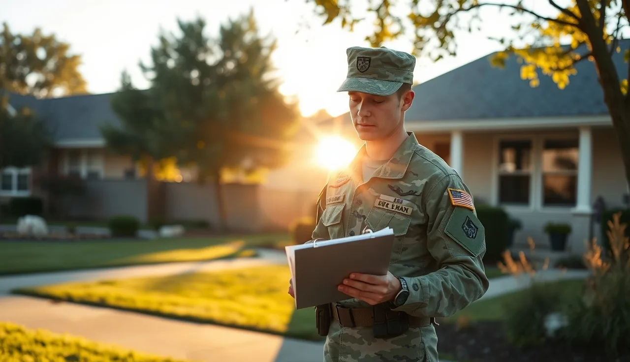 Active duty soldier reviewing property documents outside a family home