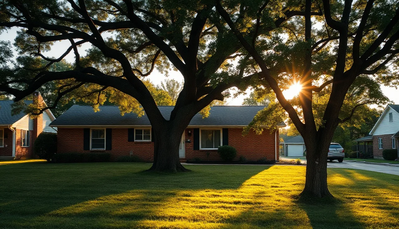 Brick ranch home in Tennessee neighborhood with afternoon light and oak trees