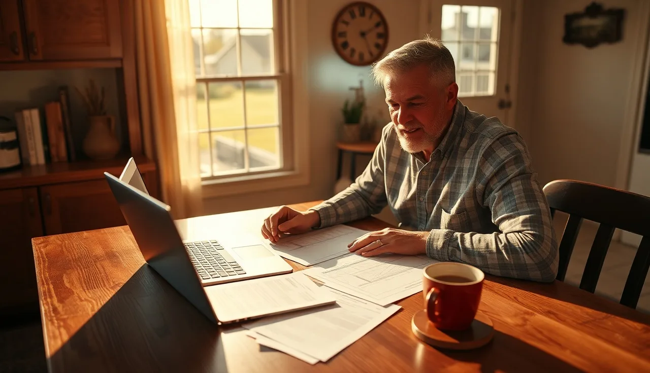 Homeowner reviewing property tax documents at kitchen table to file homestead exemption